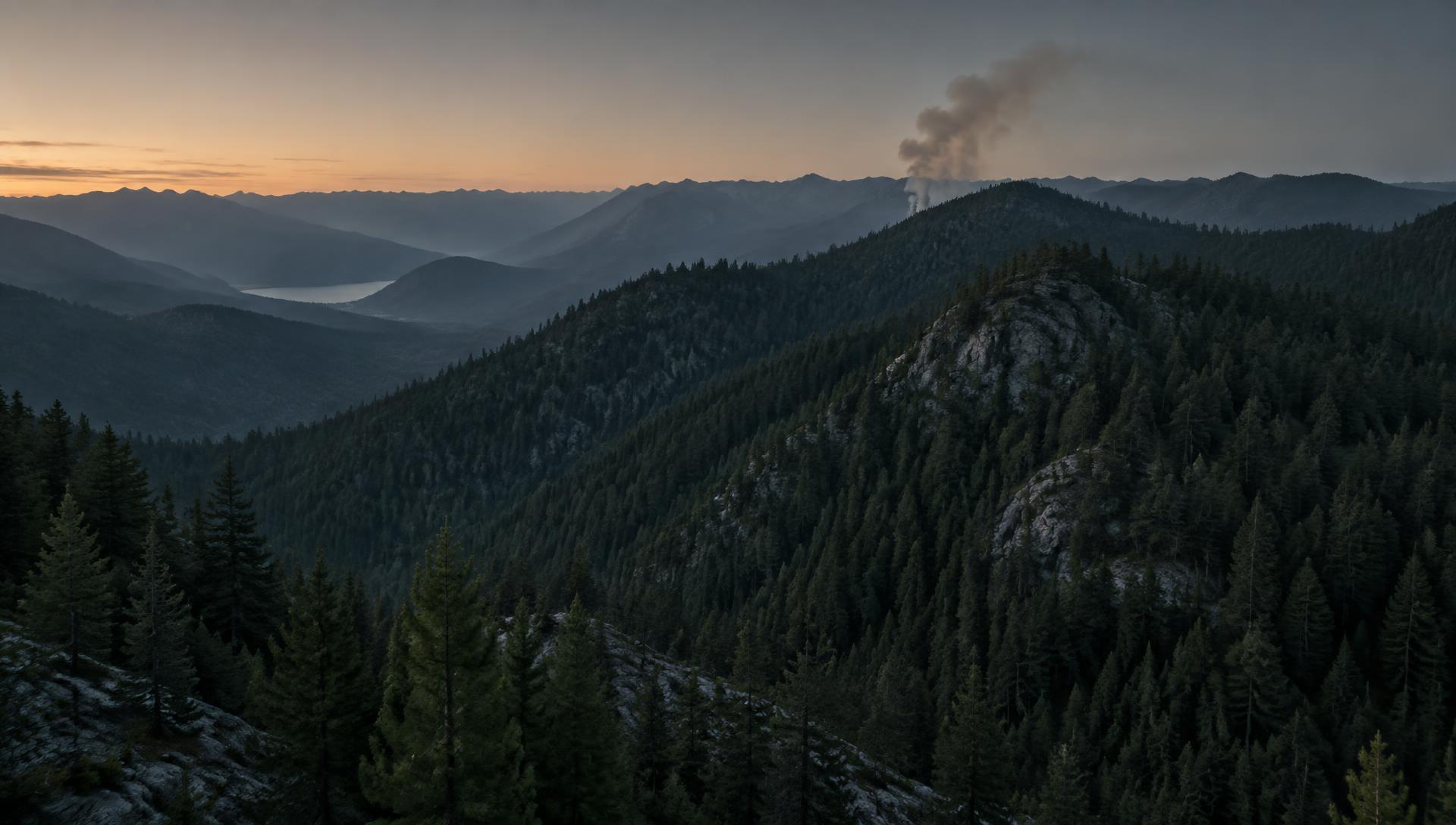 California mountain forest at dawn with a distant smoke plume