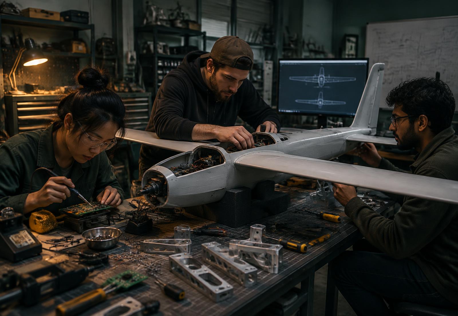 Engineers assembling an unmanned aircraft